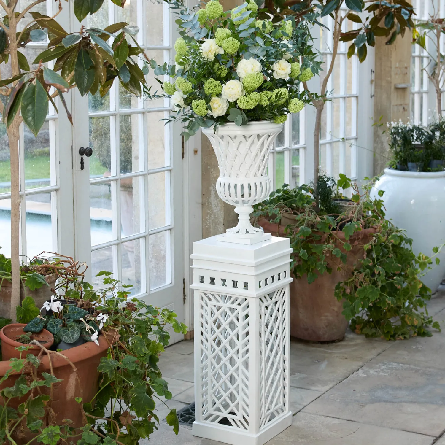 Mrs. Alice Adelaide White Lattice Urn & Pedestal< Vases | Vases & Planters