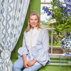 Mrs. Alice Blue Ikat Stripe Fabric< Serena Fresson Fabrics