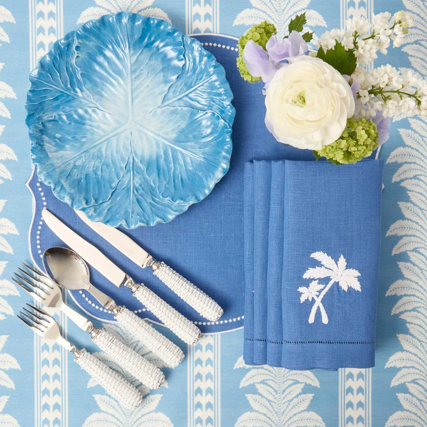 Mrs. Alice Blue Linen Eloise Placemats & Palm Tree Napkins (Set of 4)< Summer Table Linen