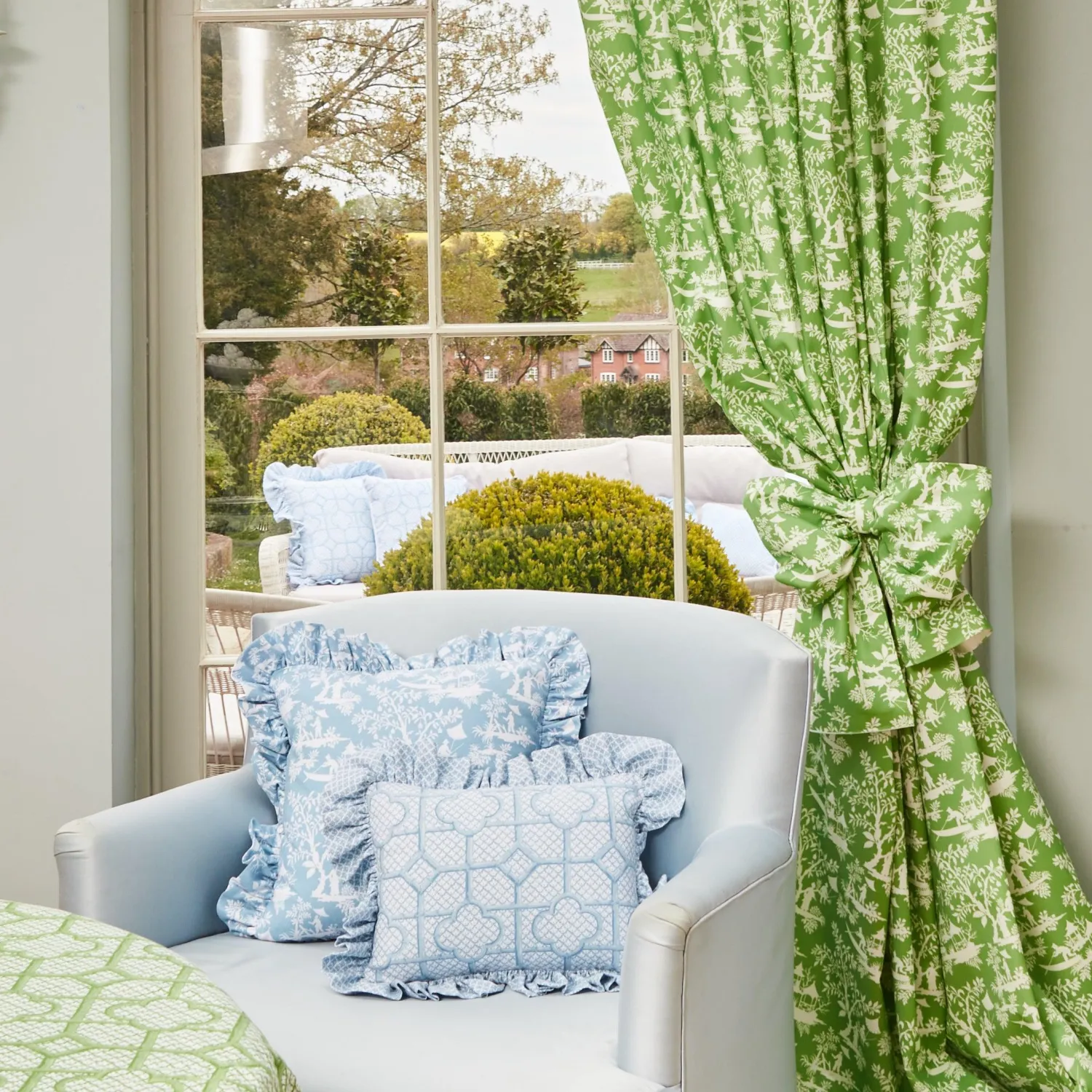 Mrs. Alice Blue Pagoda Garden Fabric< Serena Fresson Fabrics