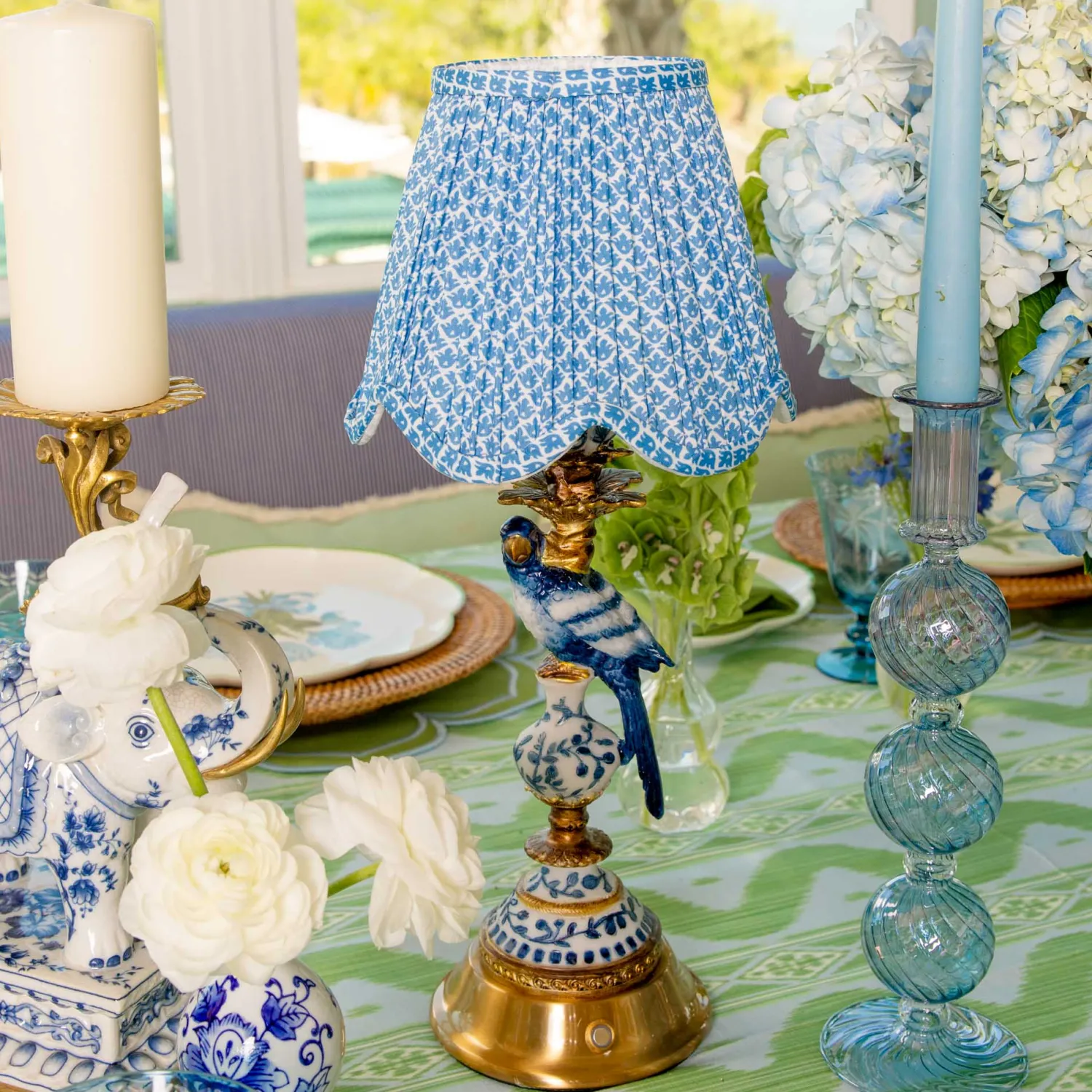 Mrs. Alice Blue Parrot Rechargeable Lamp with Blue Lotus Deep Scallop Shade (18cm)< Rechargeable Table Lamps | Summer Lighting