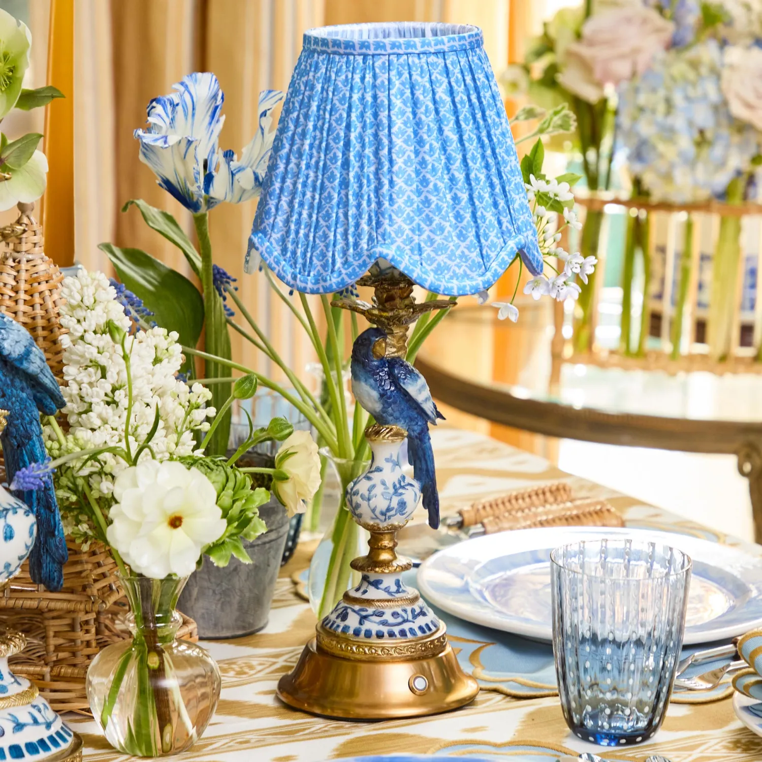 Mrs. Alice Blue Parrot Rechargeable Lamp with Blue Lotus Deep Scallop Shade (18cm)< Rechargeable Table Lamps | Summer Lighting