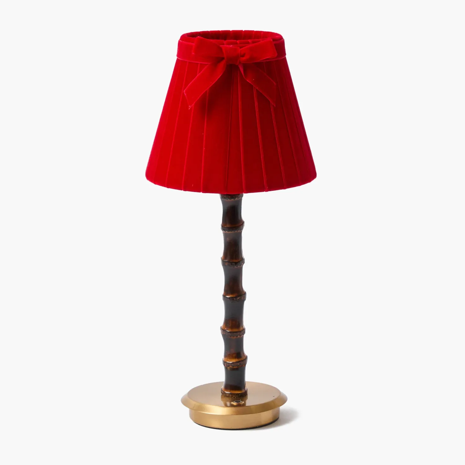 Mrs. Alice Burnt Bamboo Rechargeable Lamp with Red Velvet Bow Shade (18cm)< Rechargeable Table Lamps