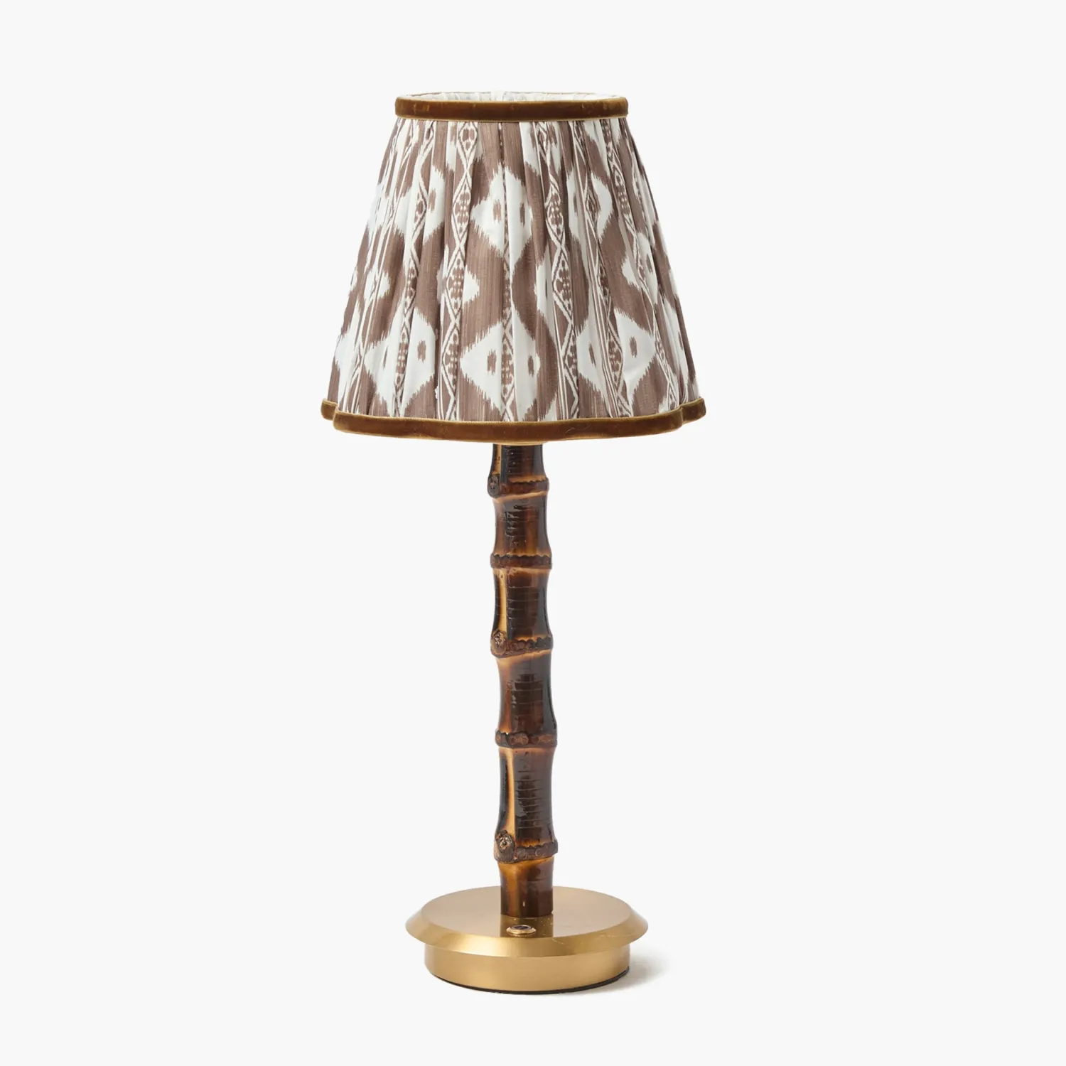 Mrs. Alice Burnt Bamboo Rechargeable Lamp with Chocolate Ikat Shade (18cm)< Rechargeable Table Lamps | Summer Lighting