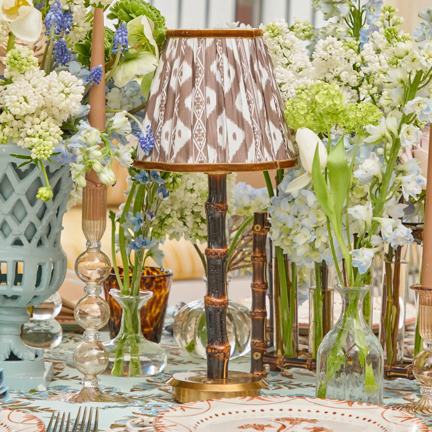 Mrs. Alice Burnt Bamboo Rechargeable Lamp with Chocolate Ikat Shade (18cm)< Rechargeable Table Lamps | Summer Lighting