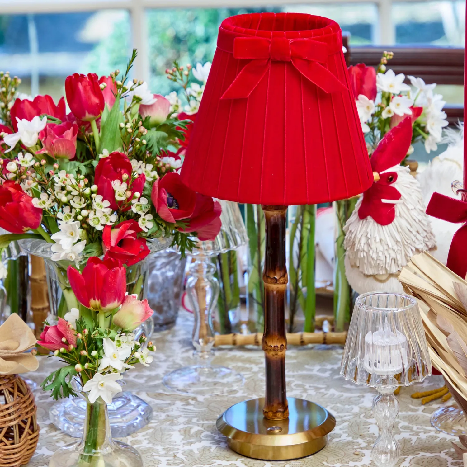 Mrs. Alice Burnt Bamboo Rechargeable Lamp with Red Velvet Bow Shade (18cm)< Rechargeable Table Lamps