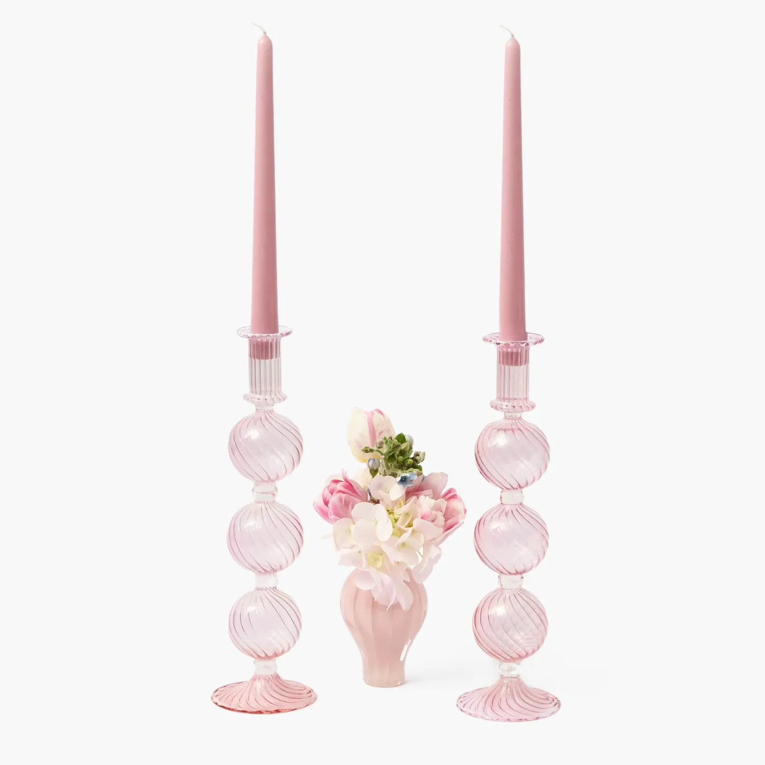 Mrs. Alice Camille Peony Candle Holder (Pair)< Summer Glassware | Summer Candleware