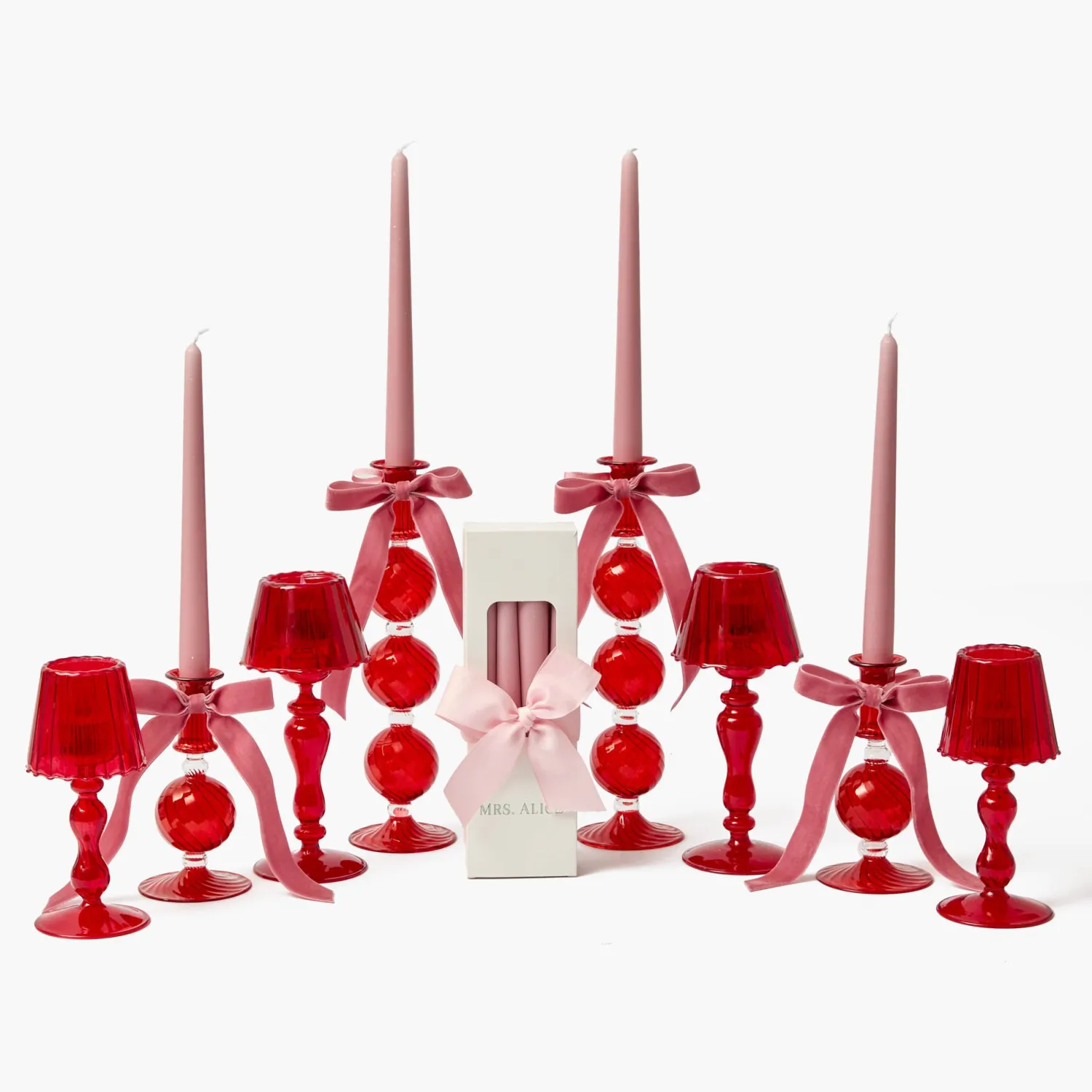 Mrs. Alice Camille Red Ribboned Candlescape (Pink)< Candles | Candlescapes