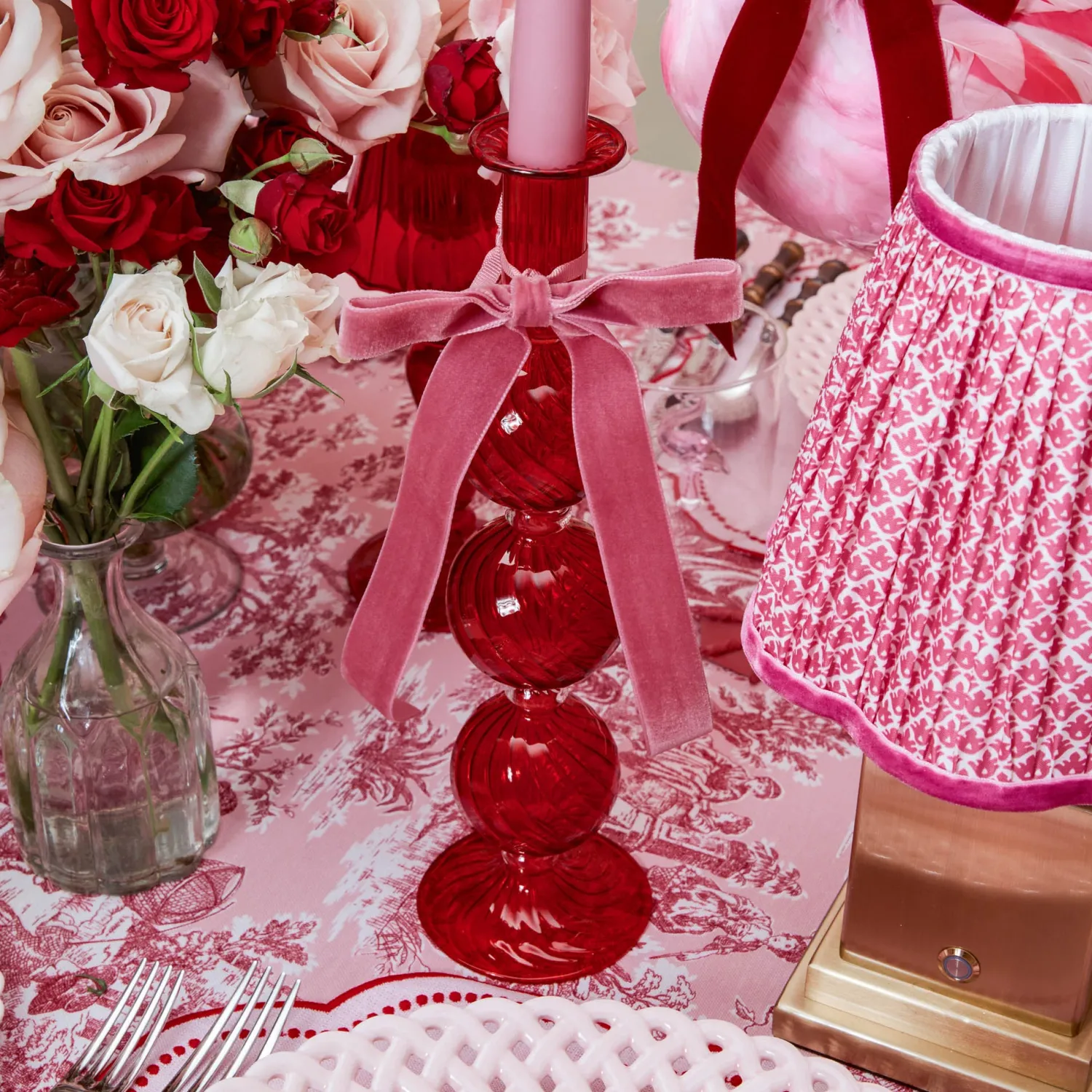 Mrs. Alice Camille Red Ribboned Candlescape (Pink)< Candles | Candlescapes