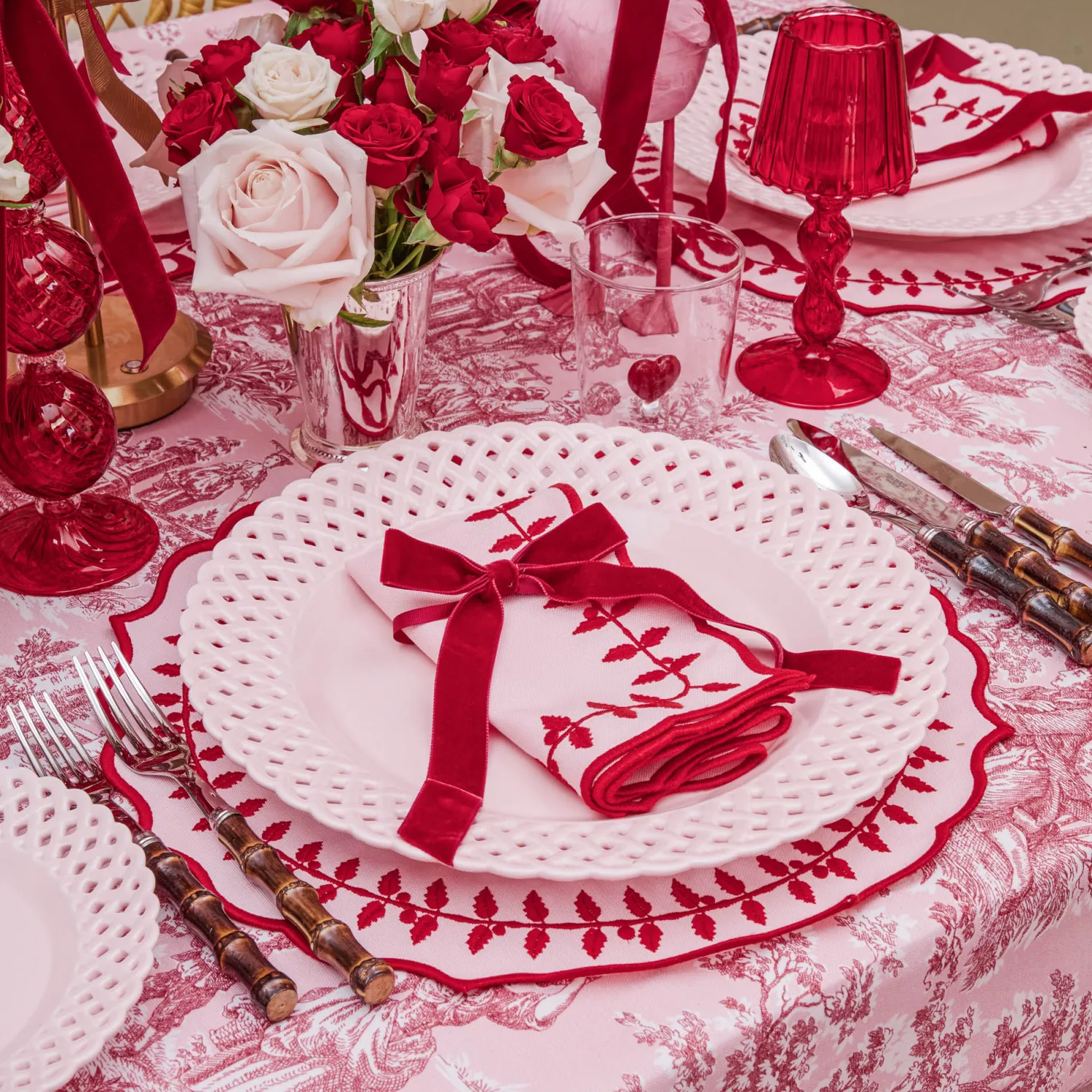 Mrs. Alice Camille Red Ribboned Candlescape (Pink)< Candles | Candlescapes