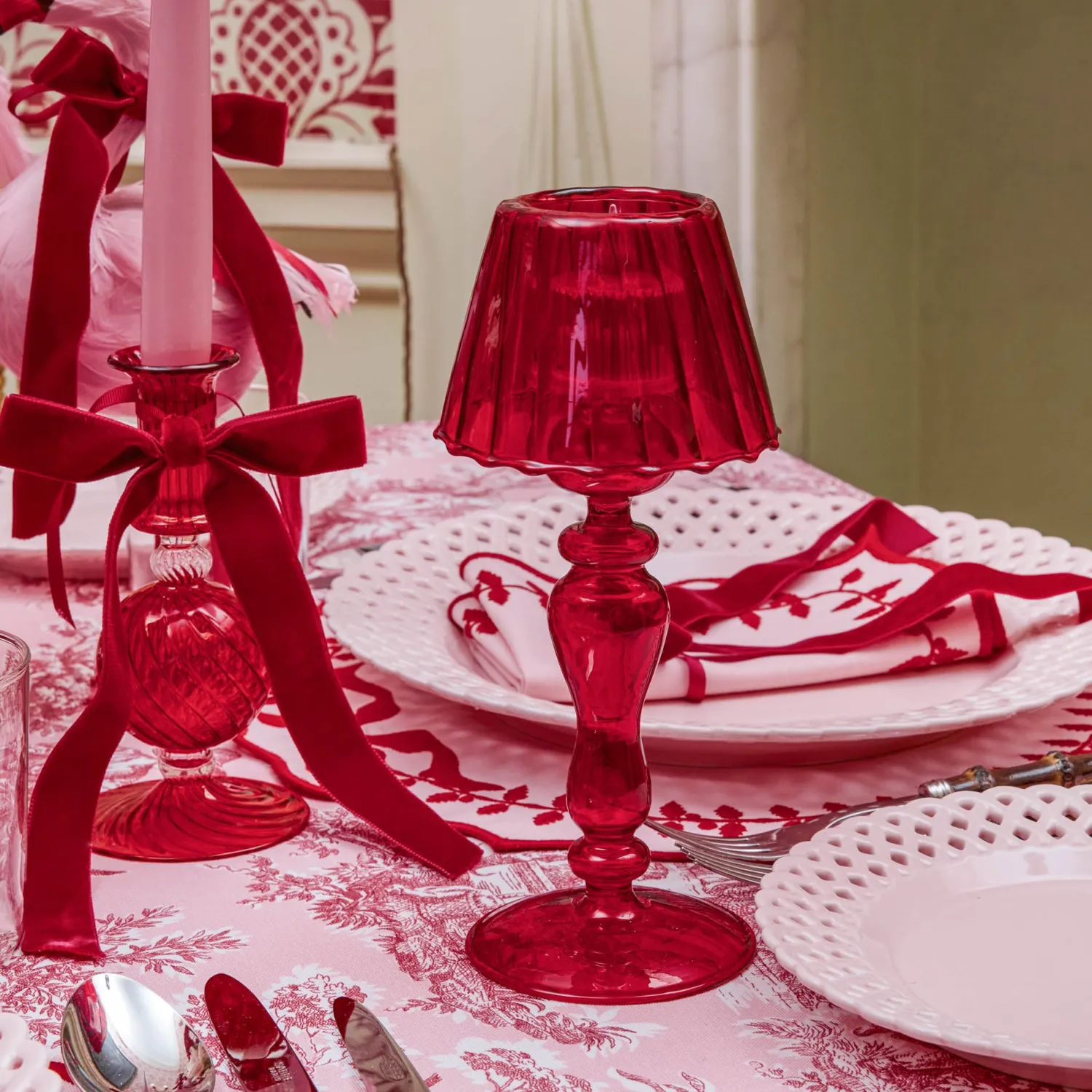 Mrs. Alice Camille Red Ribboned Candlescape (Pink)< Candles | Candlescapes