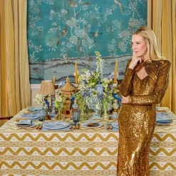 Mrs. Alice Caramel Ikat Tablecloth< Summer Table Linen | Tablecloths