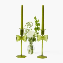 Mrs. Alice Celine Green Glass Bow Candle Holder (Pair)< Candle Holders
