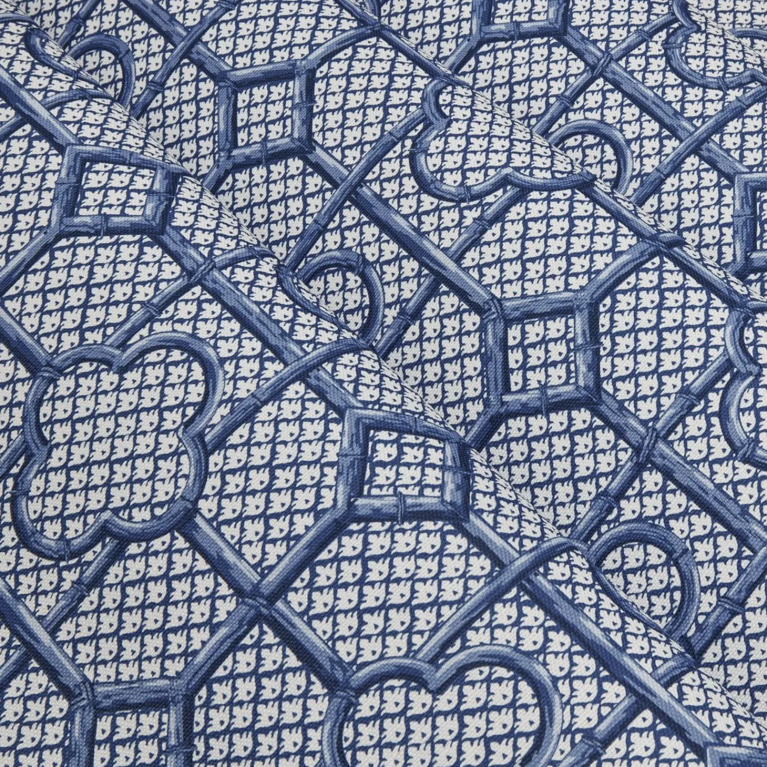 Mrs. Alice Cobalt Blue Bamboo Trellis Fabric< Serena Fresson Fabrics