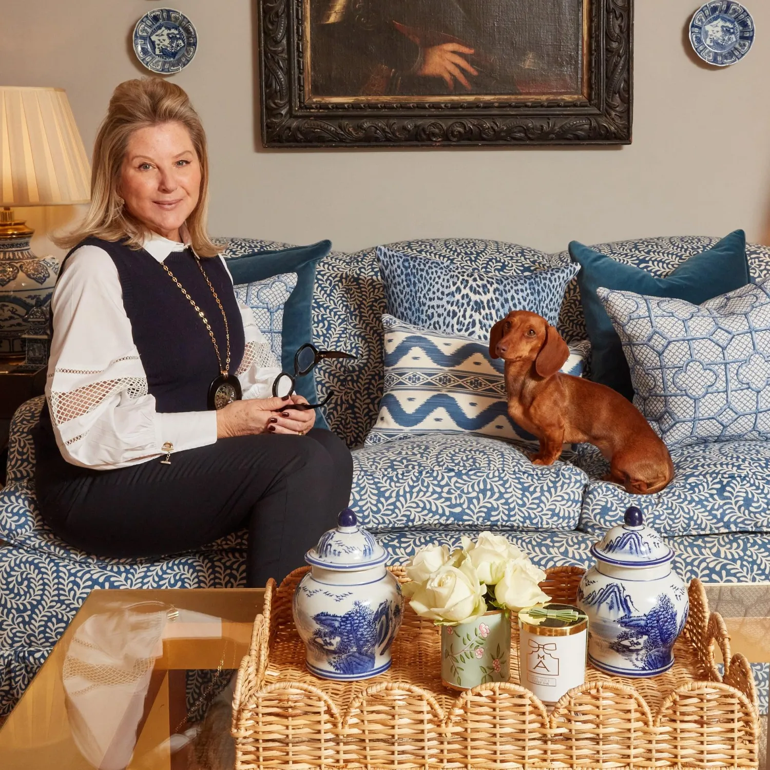 Mrs. Alice Cobalt Blue Bamboo Trellis Fabric< Serena Fresson Fabrics