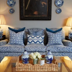 Mrs. Alice Cobalt Blue Bamboo Trellis Fabric< Serena Fresson Fabrics