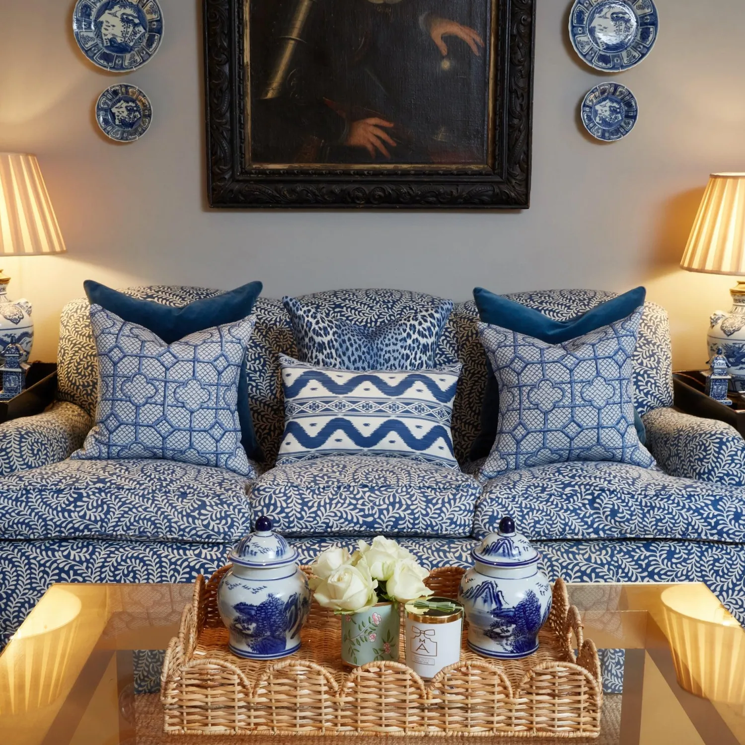 Mrs. Alice Cobalt Blue Bamboo Trellis Fabric< Serena Fresson Fabrics