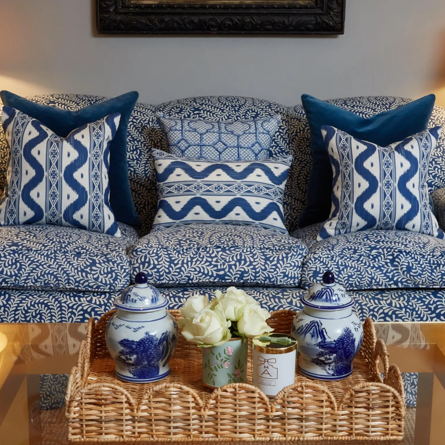 Mrs. Alice Cobalt Blue Bamboo Trellis Fabric< Serena Fresson Fabrics