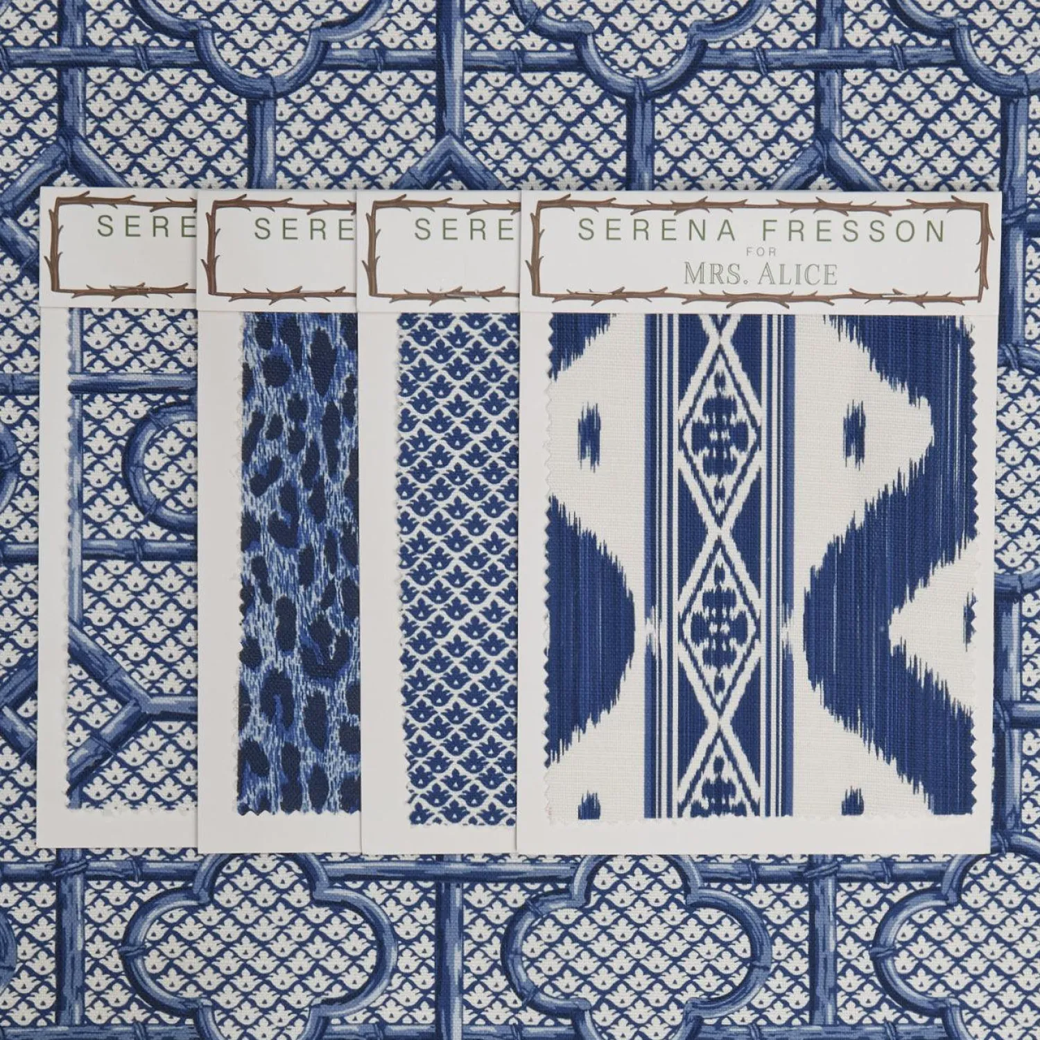 Mrs. Alice Cobalt Blue Bamboo Trellis Fabric< Serena Fresson Fabrics