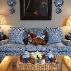 Mrs. Alice Cobalt Blue Bamboo Trellis Fabric< Serena Fresson Fabrics