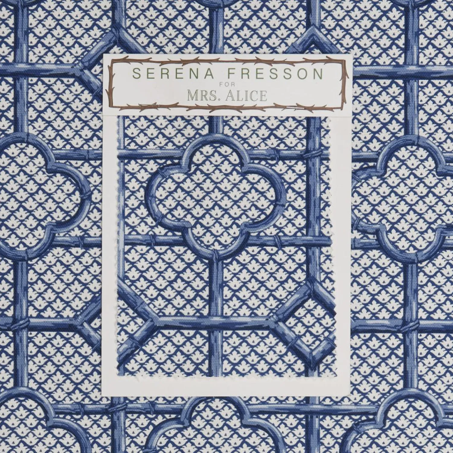 Mrs. Alice Cobalt Blue Bamboo Trellis Fabric< Serena Fresson Fabrics
