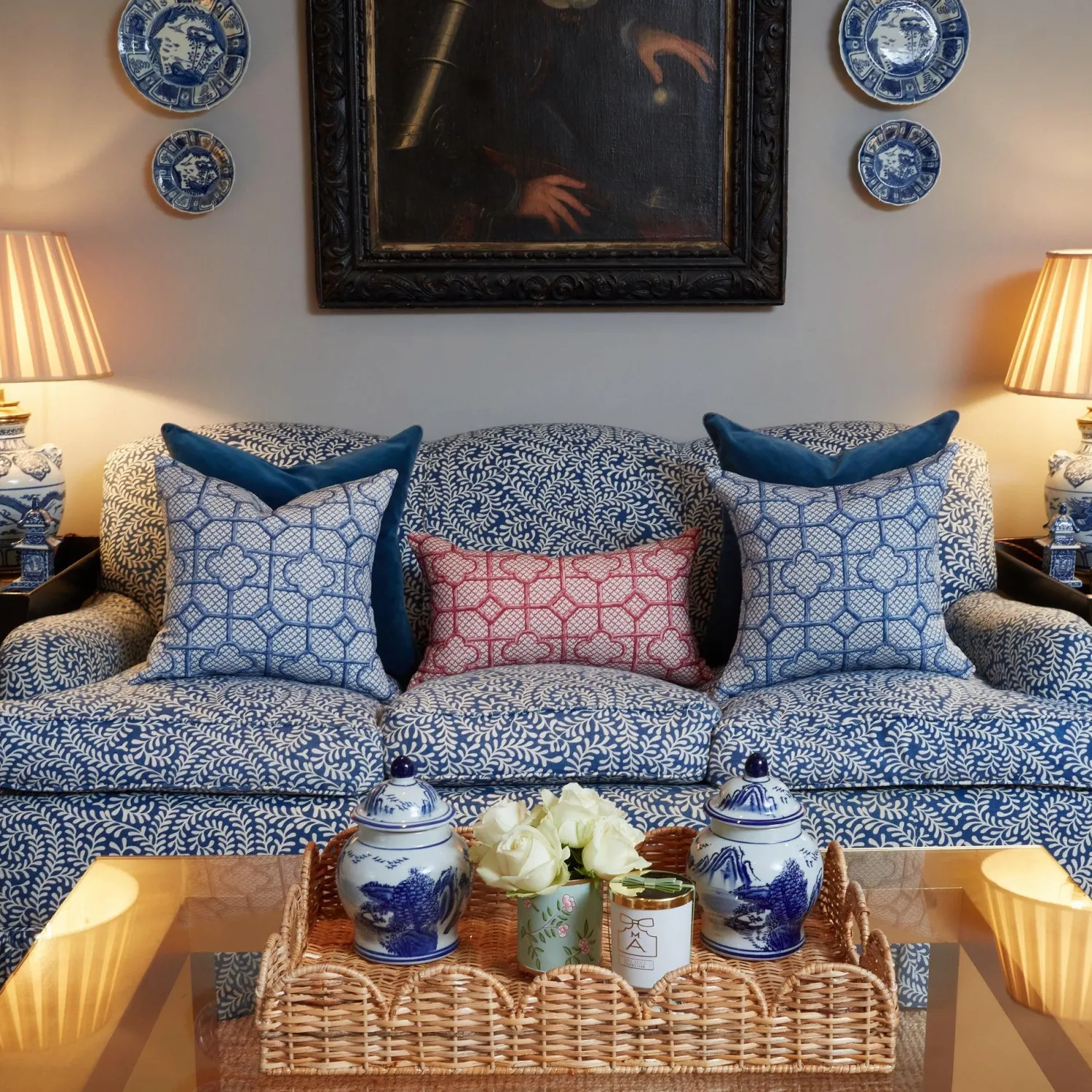 Mrs. Alice Cobalt Blue Bamboo Trellis Fabric< Serena Fresson Fabrics