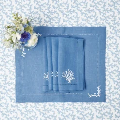 Mrs. Alice Coral Blue Linen Napkins (Set of 4)< Summer Table Linen | Napkins