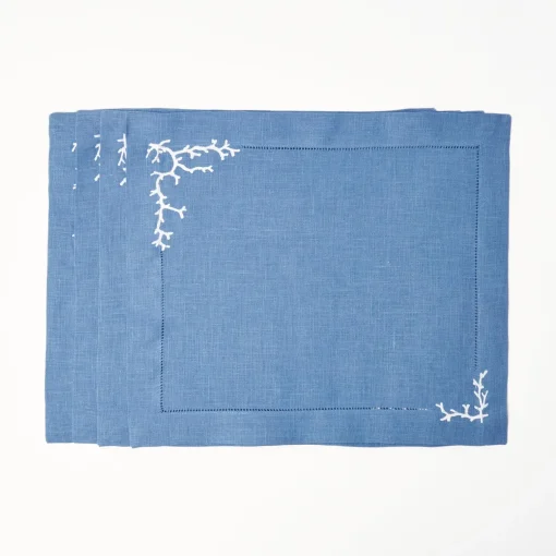 Mrs. Alice Coral Blue Linen Placemats (Set of 4)< Summer Table Linen | Placemats