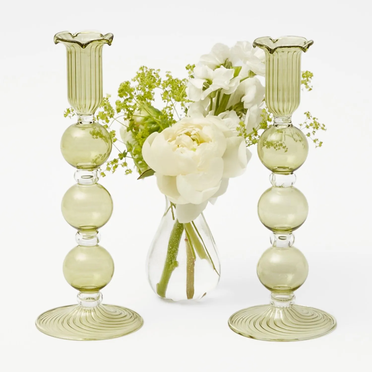 Mrs. Alice Eden Green Candle Holders (Pair)< Summer Glassware | Summer Candleware
