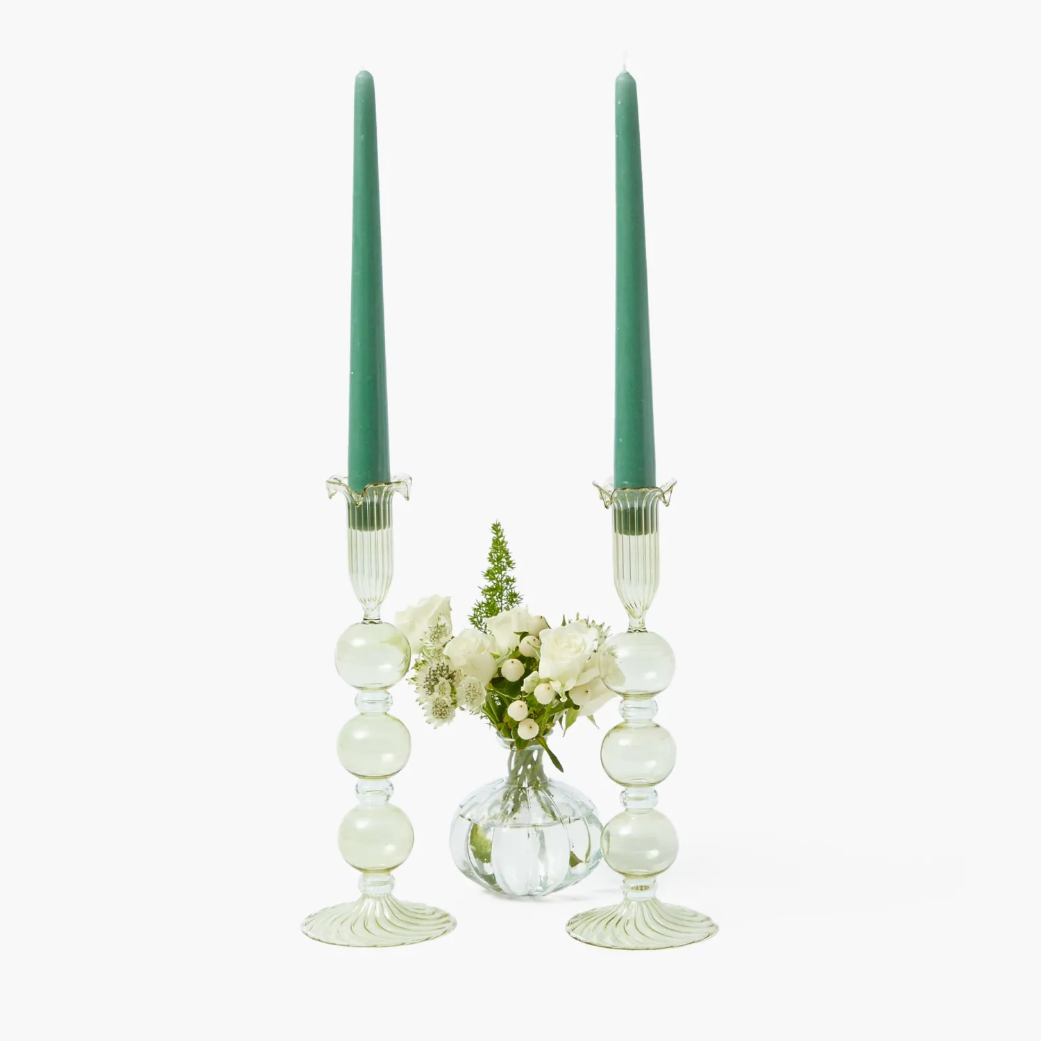 Mrs. Alice Eden Green Candle Holders (Pair)< Summer Glassware | Summer Candleware