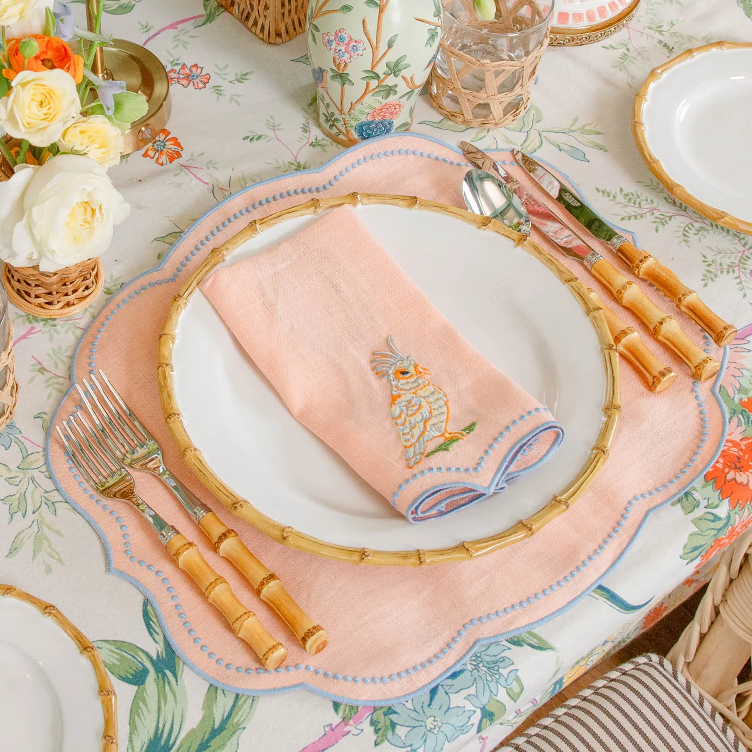 Mrs. Alice Eloise Coral & Blue Placemats & Parrot Napkins (Set of 4)< Summer Table Linen