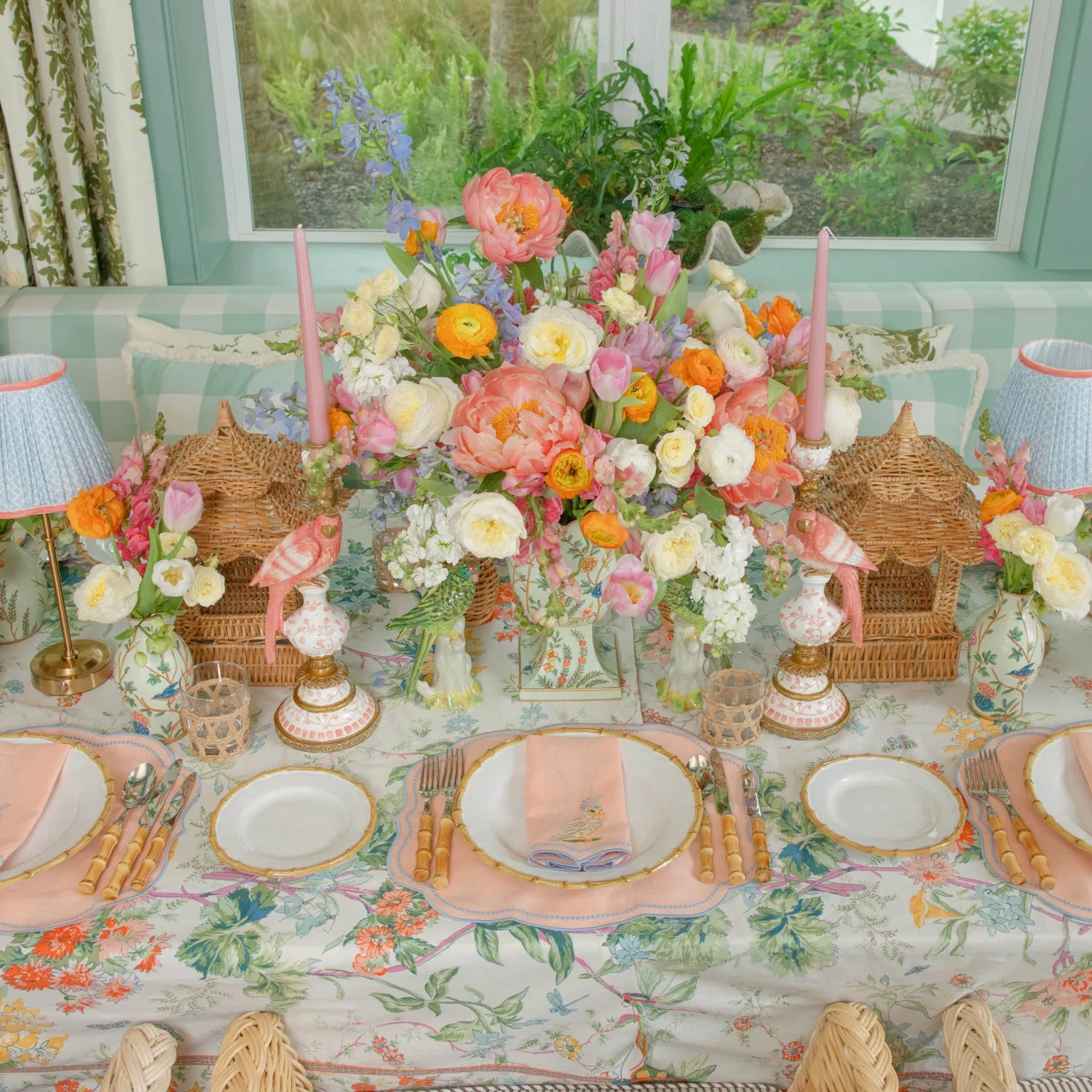 Mrs. Alice Eloise Coral & Blue Placemats & Parrot Napkins (Set of 4)< Summer Table Linen