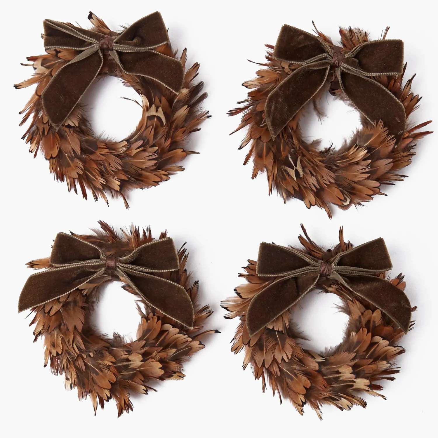 Mrs. Alice Feather Wreath with Chocolate Velvet Bows (Set of 4)< Autumn Decorations