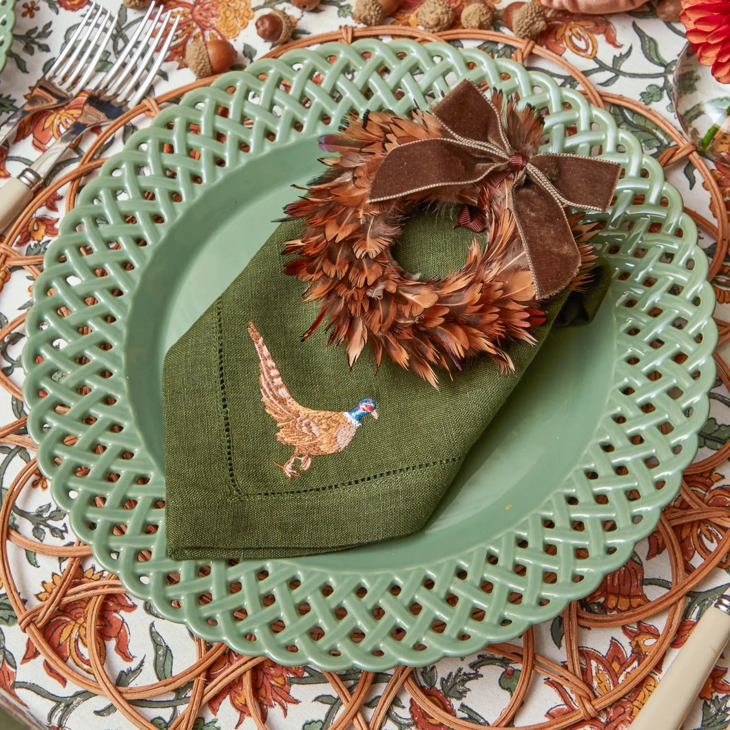 Mrs. Alice Feather Wreath with Chocolate Velvet Bows (Set of 4)< Autumn Decorations