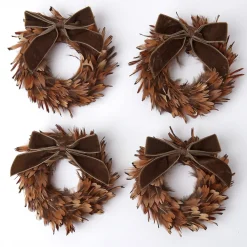 Mrs. Alice Feather Wreaths with Forest Green Velvet Bows (Set of 4)< Christmas Decorations