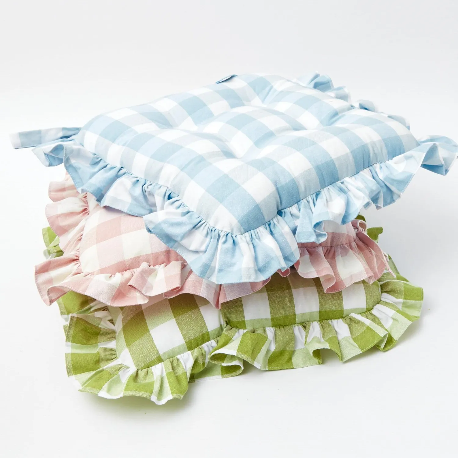 Mrs. Alice Green Gingham Ruffle Seat Pad Cushions (Set of 4)< Cushions