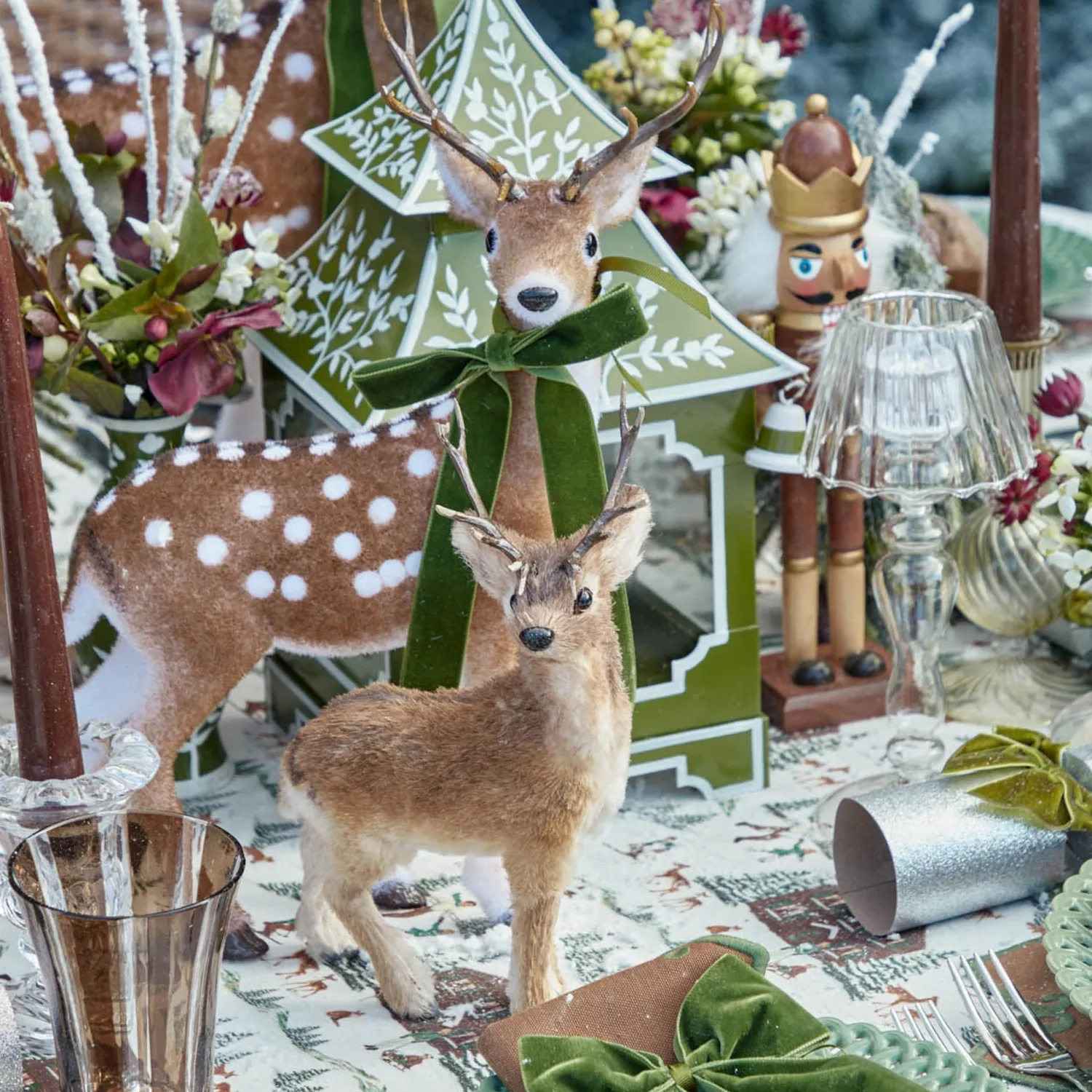Mrs. Alice Large Green Ribboned Spotted Deer (Pair) - 56cm< Christmas Decorations