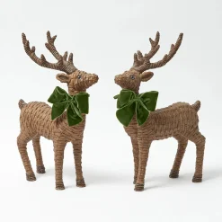 Mrs. Alice Large Rattan Reindeer with Green Velvet Bows (Pair) - 40cm< Christmas Decorations