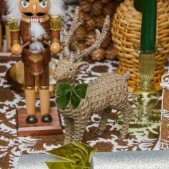 Mrs. Alice Large Rattan Reindeer with Green Velvet Bows (Pair) - 40cm< Christmas Decorations