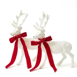 Mrs. Alice Large White Flocked Reindeer with Velvet Bows (Pair)< Christmas Decorations