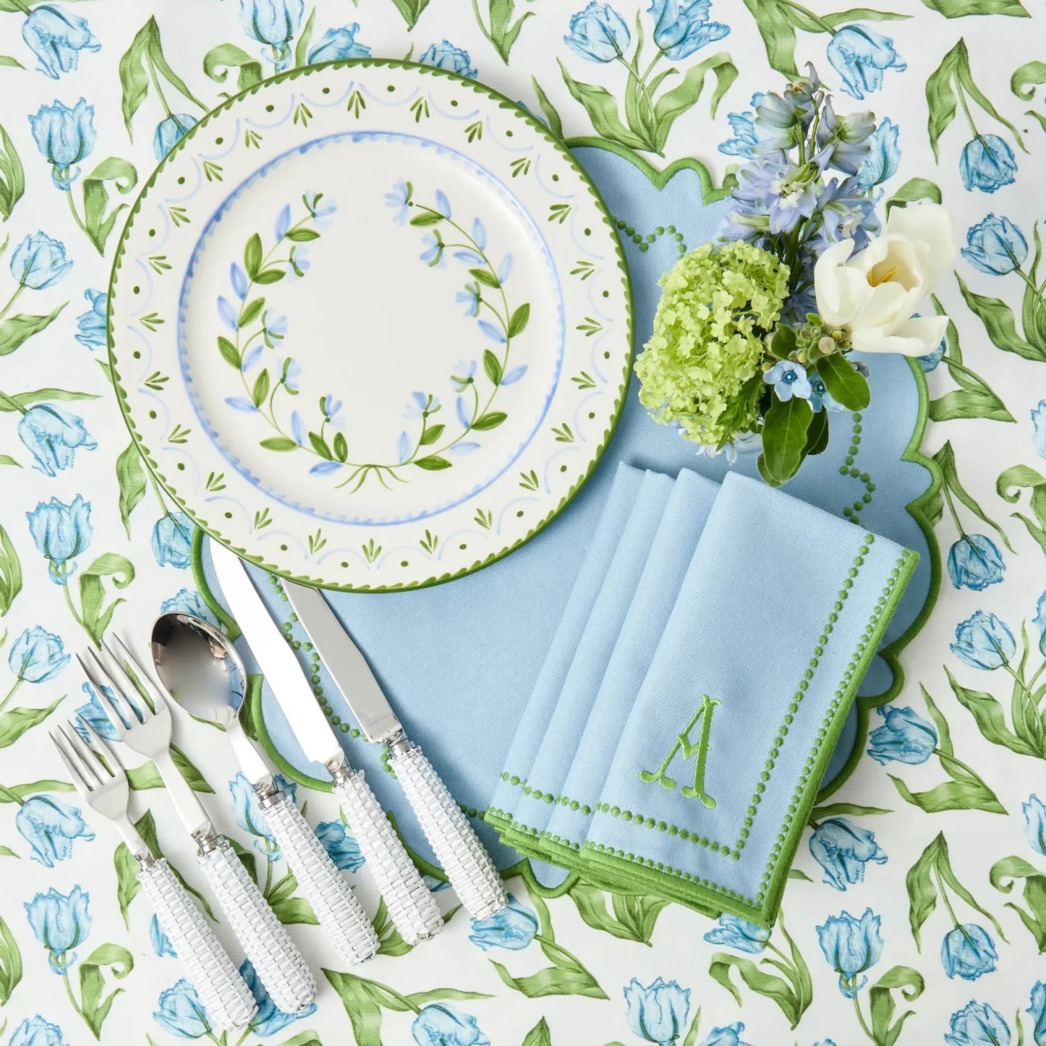 Mrs. Alice Mariana Blue & Green Placemats & Napkins (Set of 4)< Summer Table Linen | Table Linen Sets