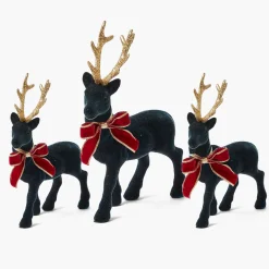 Mrs. Alice Navy Flocked Reindeer Family with Gold Trimmed Bows< Christmas Decorations