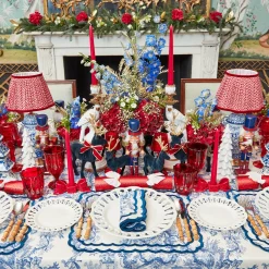 Mrs. Alice Navy Flocked Reindeer Family with Gold Trimmed Bows< Christmas Decorations