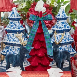 Mrs. Alice Navy Flocked Reindeer Family with Gold Trimmed Bows< Christmas Decorations