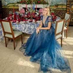 Mrs. Alice Navy Flocked Reindeer Family with Gold Trimmed Bows< Christmas Decorations