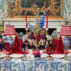 Mrs. Alice Navy Flocked Reindeer Family with Gold Trimmed Bows< Christmas Decorations