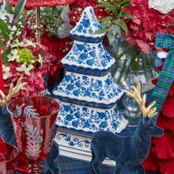 Mrs. Alice Navy Flocked Reindeer Family with Gold Trimmed Bows< Christmas Decorations