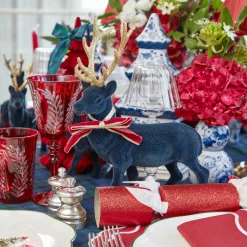 Mrs. Alice Navy Flocked Reindeer Family with Gold Trimmed Bows< Christmas Decorations