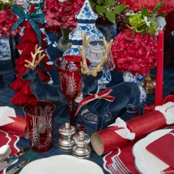 Mrs. Alice Navy Flocked Reindeer Family with Gold Trimmed Bows< Christmas Decorations