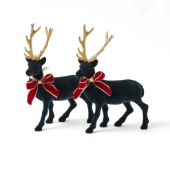 Mrs. Alice Navy Flocked Reindeers with Gold Trimmed Bows (Pair)< Christmas Decorations
